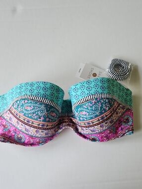 Shade & Shore Teal and Pink Paisley Strapless Bandeau Swim Top
